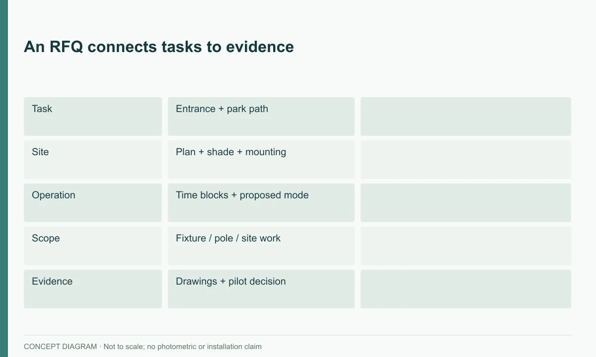 An RFQ connects tasks to evidence — concept diagram