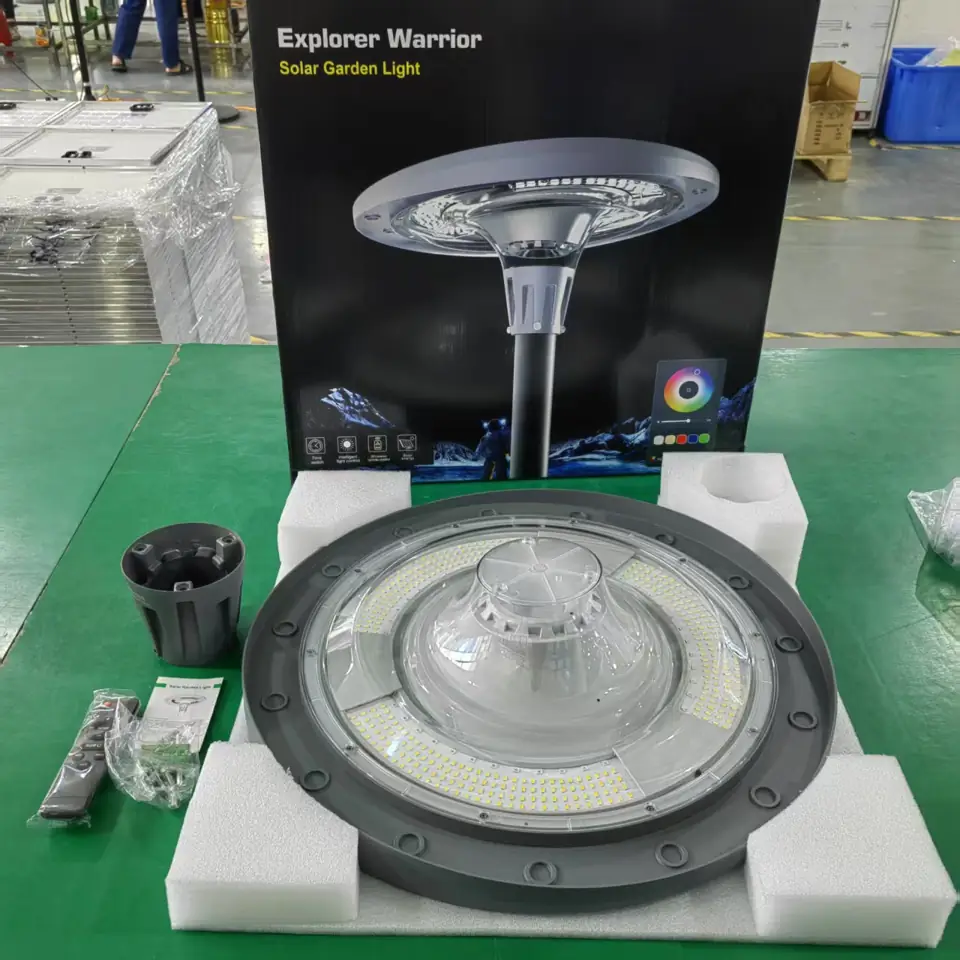 Round luminaire on a workbench with protective packaging