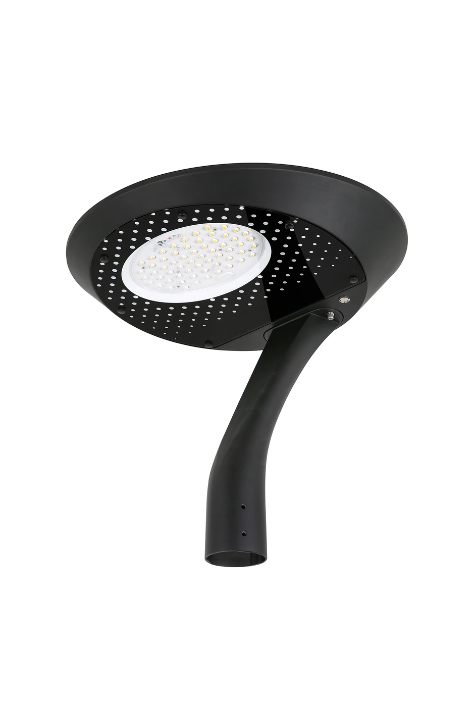 Underside and curved pole-top housing of an SCL-009PLUS solar garden light