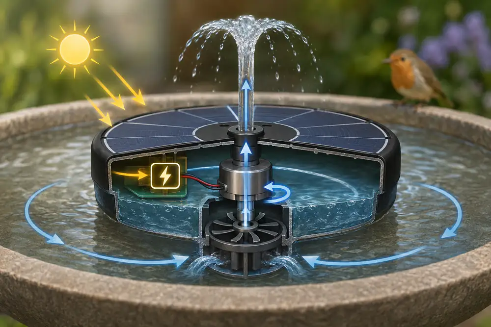 A clear educational cutaway showing sunlight powering a solar panel, motor pump, impeller, nozzle, and recirculating water in a bird bath