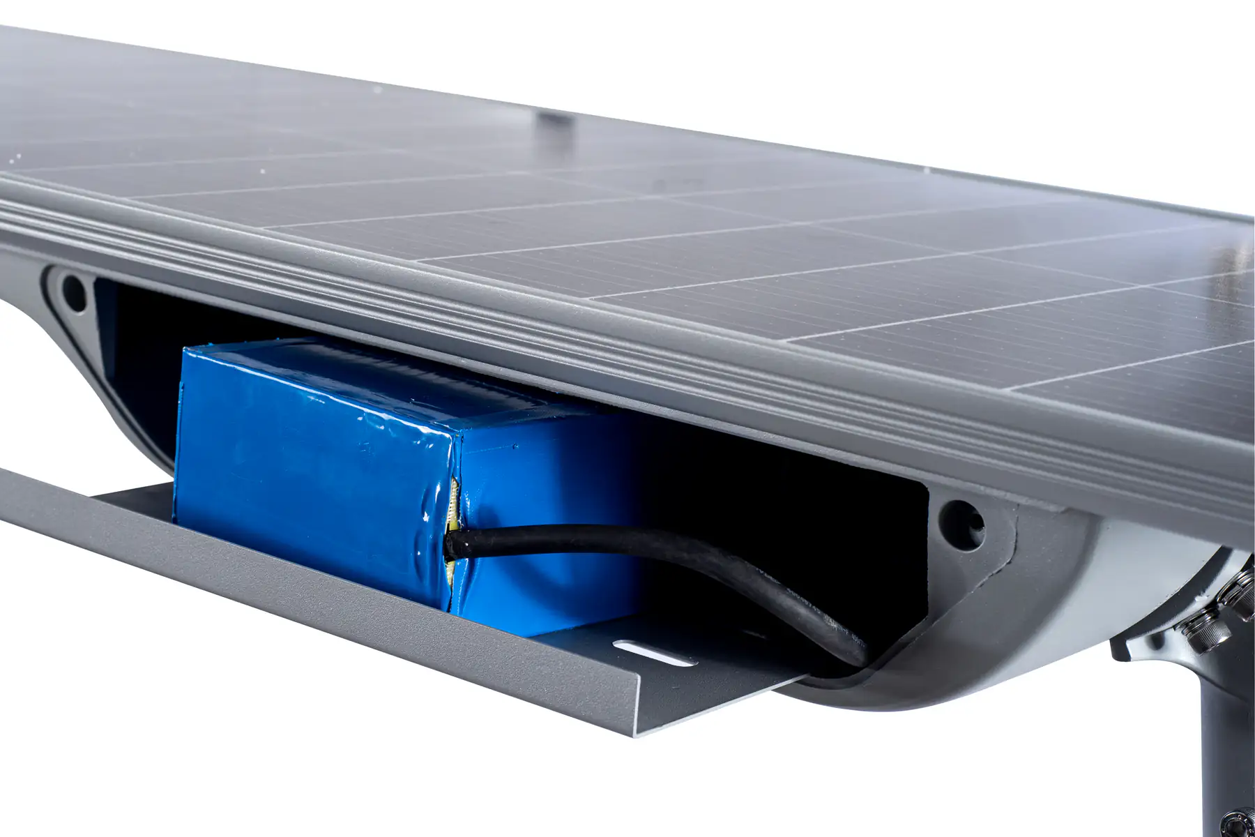 Close-up of the LKX solar street light battery compartment and connected battery pack.