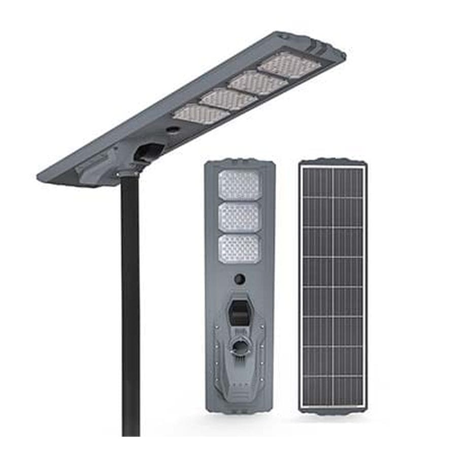 MJ-SSO solar street light and components on a uniform white background