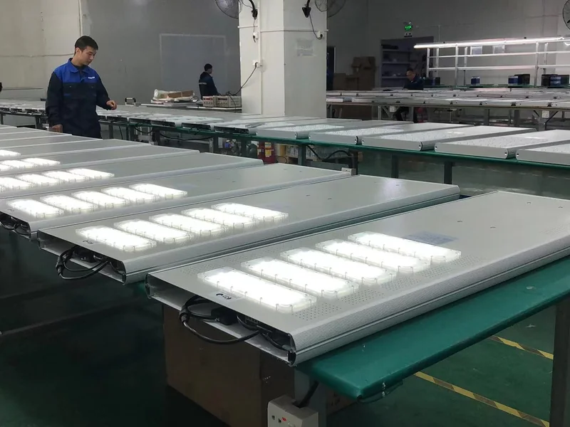 Solar street lights illuminated during workshop testing