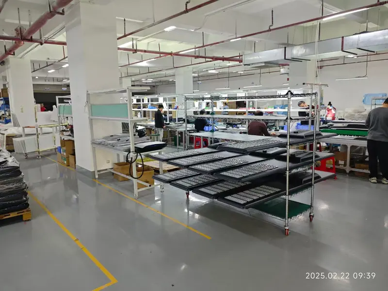 Solar street light production workshop with luminaires on assembly racks