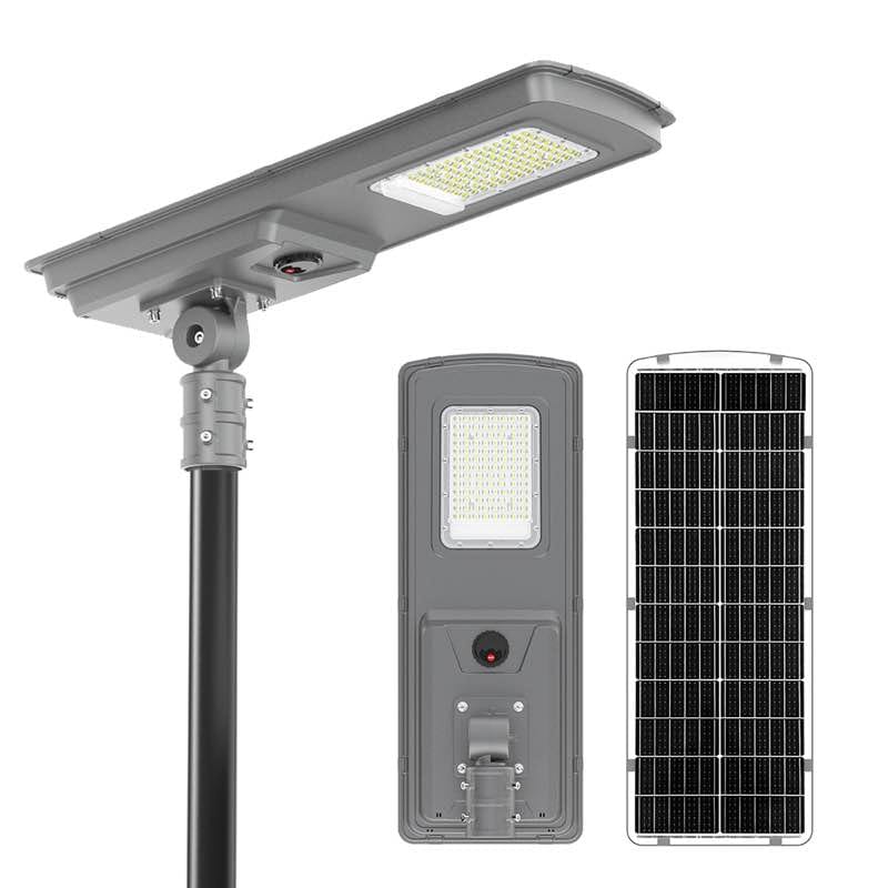QH01-300 solar street light showing its LED lens, solar panel and mounting bracket