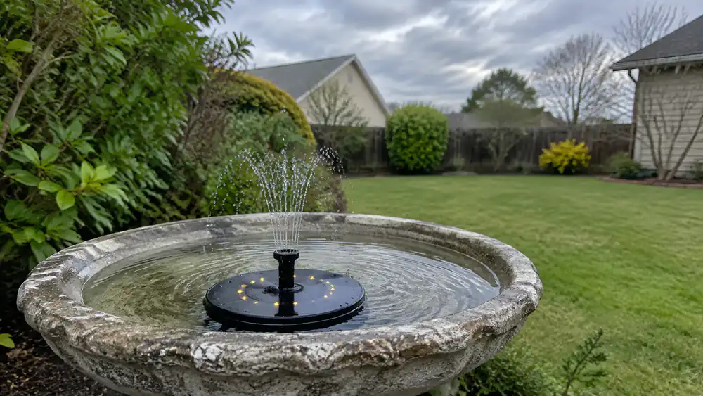 A battery-backup solar bird bath fountain running gently in a backyard during bright cloudy weather