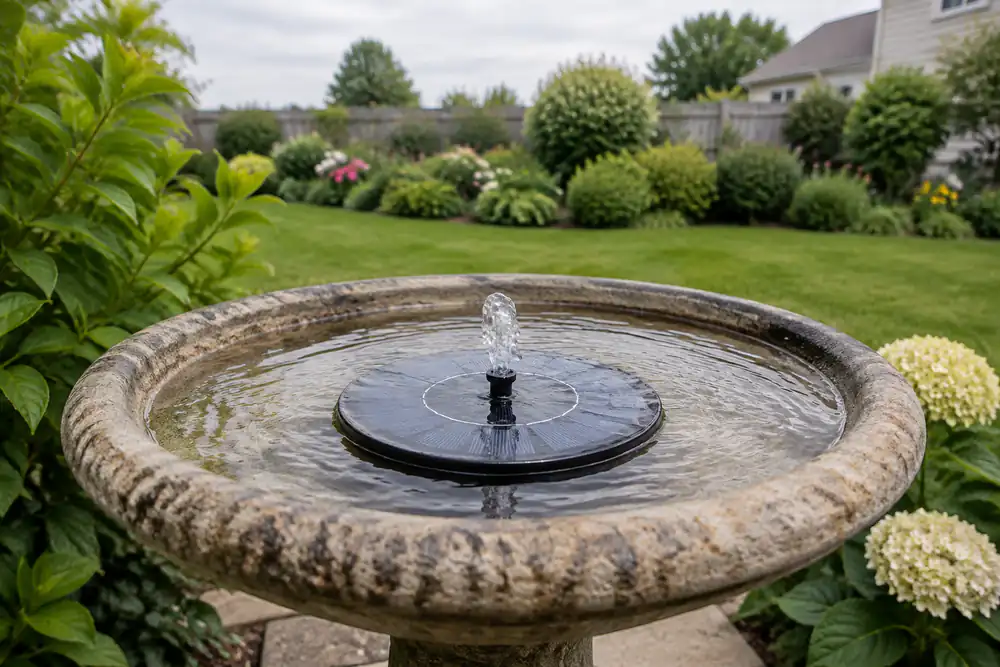 A floating solar bird bath fountain producing a gentle stream during bright overcast weather