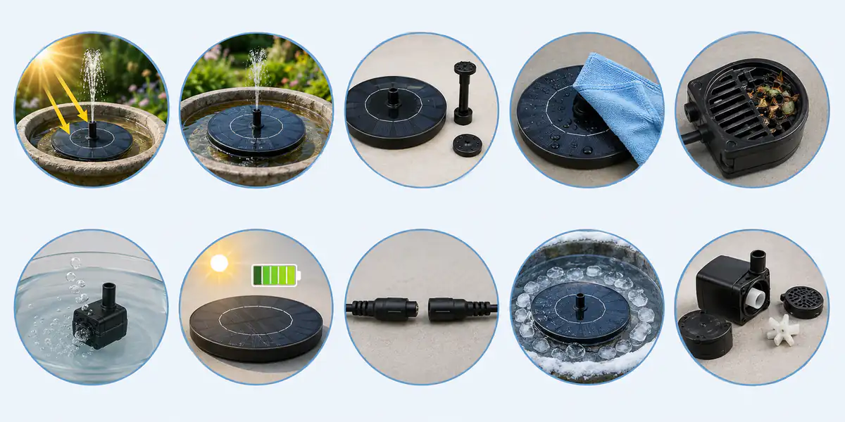 A clear ten-step visual troubleshooting sequence for a solar bird bath fountain, from sunlight and water level to cleaning the impeller
