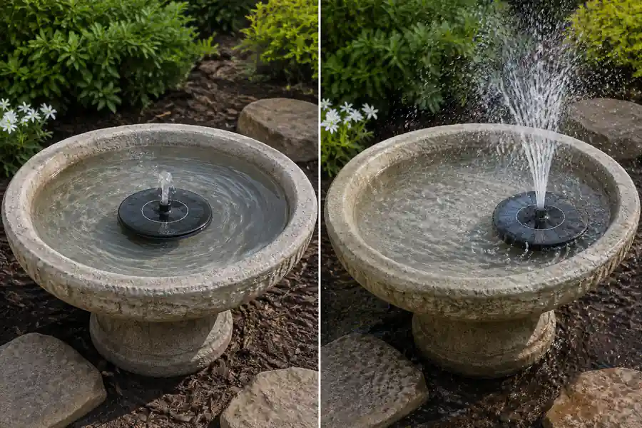 A side-by-side comparison of a centered low solar fountain spray and an off-center high spray losing water outside a bird bath