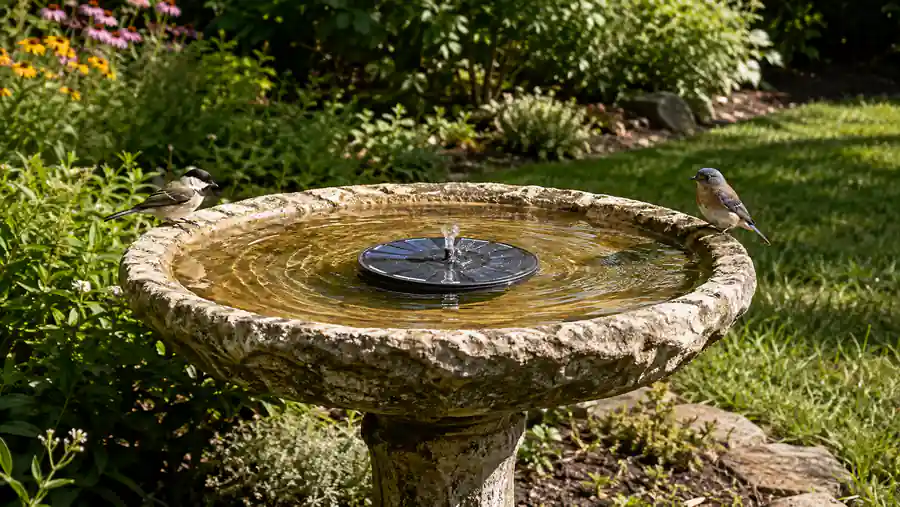 A shallow backyard bird bath with a centered solar fountain pump producing a gentle low bubbler