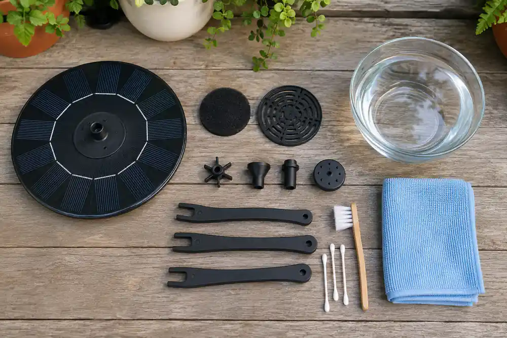 Solar bird bath fountain components arranged for safe cleaning with a soft brush, cloth, and bowl of clean water