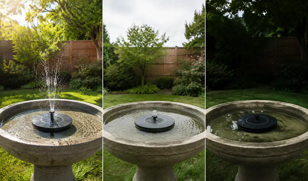The same solar bird bath fountain shown in bright sun, bright overcast weather, and deep tree shade with progressively lower water flow