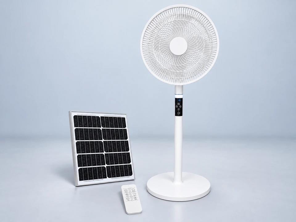 T919 standing solar fan with a solar panel and remote control on a light studio background