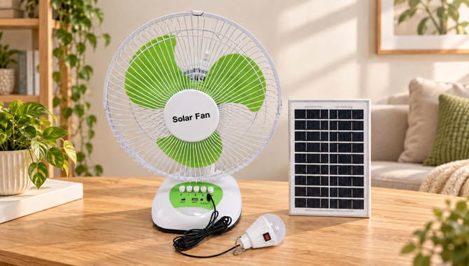 T98 solar table fan, separate panel and lighting accessories in a styled home scene