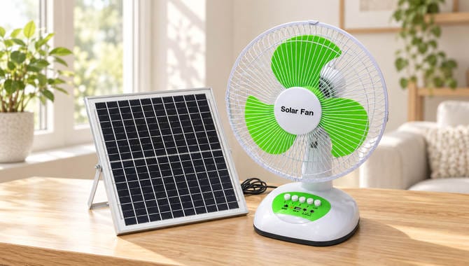 T98 solar table fan and matched separate panel in a styled home scene