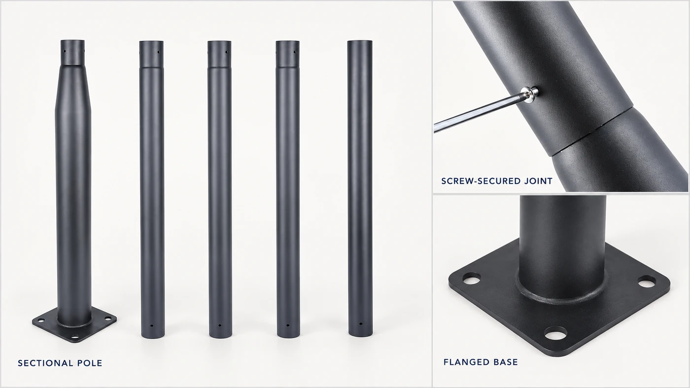 NEWSKYPOWER solar street light pole sections with a screw-secured joint and flanged base.